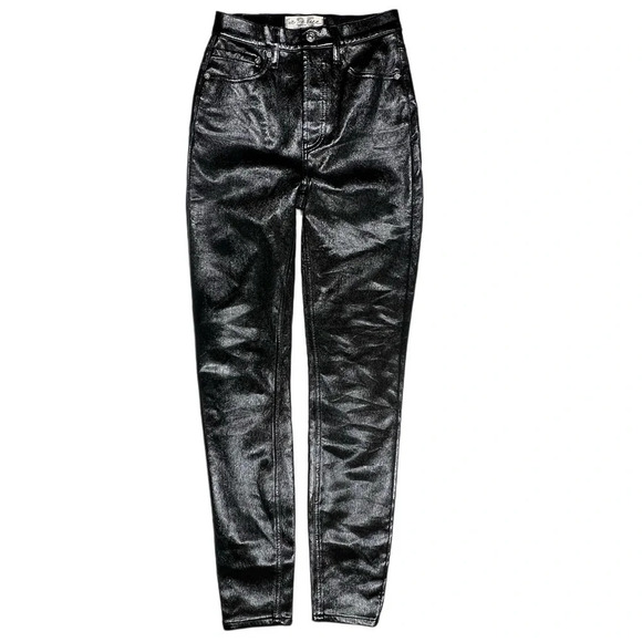 {Free People} High Rise Skinny Leg Coated Faux Leather Button Fly Stretch Pants - Picture 3 of 7